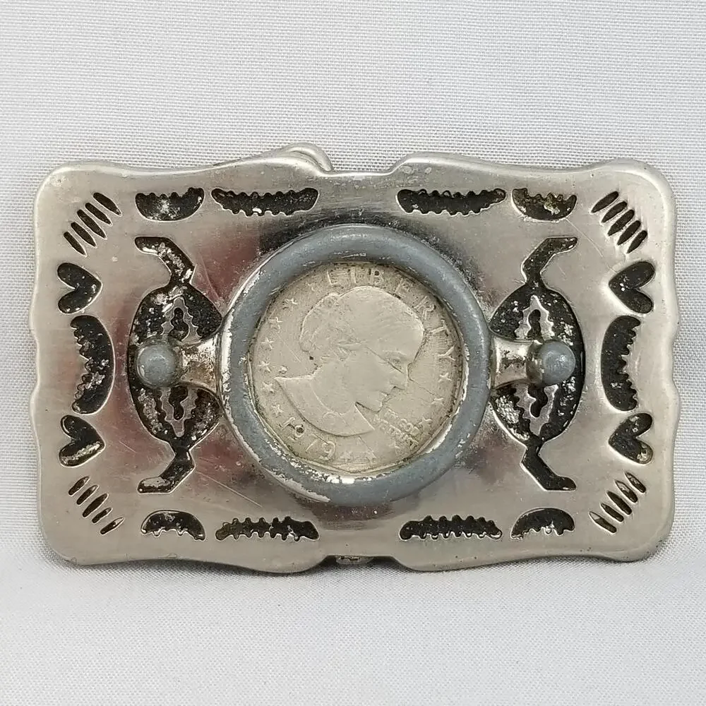 Vintage Belt Buckle Small Western Filigree With 25 Cent Quater In The Center